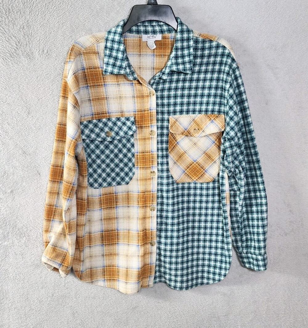 Just Polly Fleece Button Up Shacket Jacket Patchwork Plaid Teal Brown Size Large